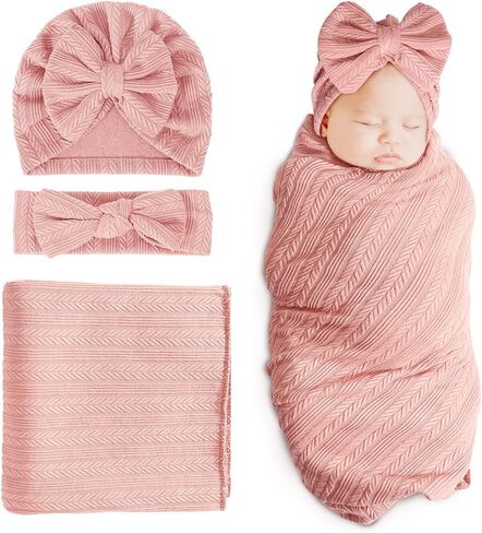 DRESHOW BQUBO Newborn Receiving Blanket Toddler Warm for Girls with Bow Hat and Bow Headband Shower Gift in Kuwait