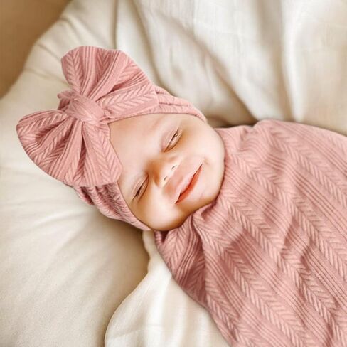 DRESHOW BQUBO Newborn Receiving Blanket Toddler Warm for Girls with Bow Hat and Bow Headband Shower Gift in Kuwait