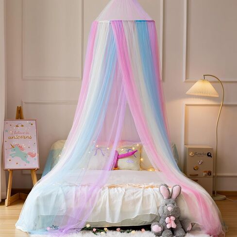 Princess White Blue Bed Canopy with Warm Fairy Lights for Girls Bed Net,Princess Canopy for Kids Bed Room (Rainbow) in Saudi Arabia