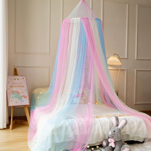 Princess White Blue Bed Canopy with Warm Fairy Lights for Girls Bed Net,Princess Canopy for Kids Bed Room (Rainbow) in Saudi Arabia