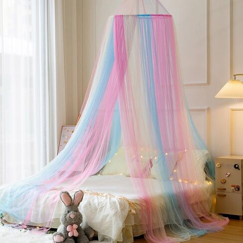 Princess White Blue Bed Canopy with Warm Fairy Lights for Girls Bed Net,Princess Canopy for Kids Bed Room (Rainbow) in Saudi Arabia