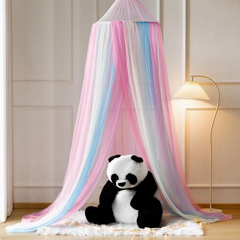 Princess White Blue Bed Canopy with Warm Fairy Lights for Girls Bed Net,Princess Canopy for Kids Bed Room (Rainbow) in Saudi Arabia