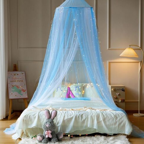 Princess White Blue Bed Canopy with Warm Fairy Lights for Girls Bed Net,Princess Canopy for Kids Bed Room (Rainbow) in Saudi Arabia