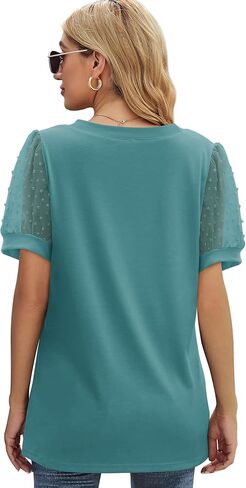 Aokosor Womens Summer Tops V Neck T Shirts Swiss Dot Puff Sleeve Tops Loose Casual Tshirts in Kuwait