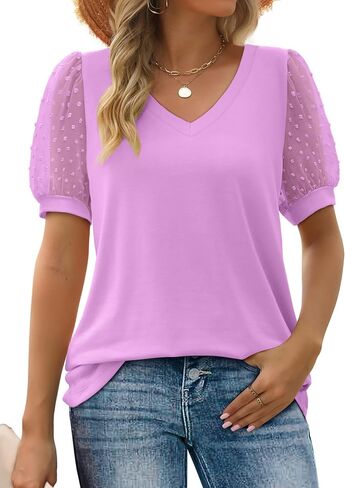 Aokosor Womens Summer Tops V Neck T Shirts Swiss Dot Puff Sleeve Tops Loose Casual Tshirts in Kuwait