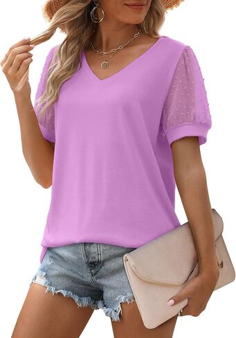Aokosor Womens Summer Tops V Neck T Shirts Swiss Dot Puff Sleeve Tops Loose Casual Tshirts in Kuwait