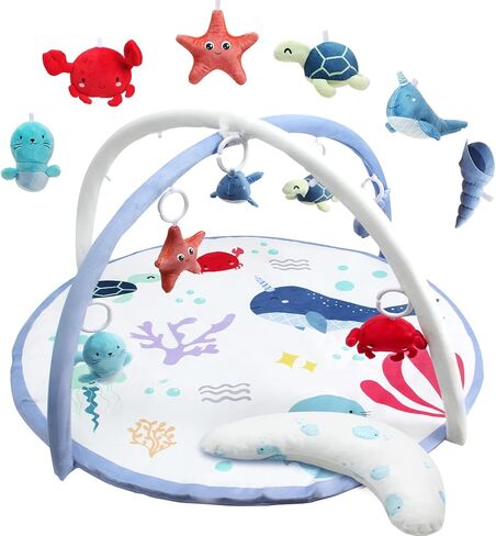 Baby Play Gym Mat, Tummy Time Activity Mat with 5 Detachable Toys and Pillow for Newborn Stage-Based Sensory and Motor Skill Development, Infant Play Mat for Babies to Toddlers in Saudi Arabia