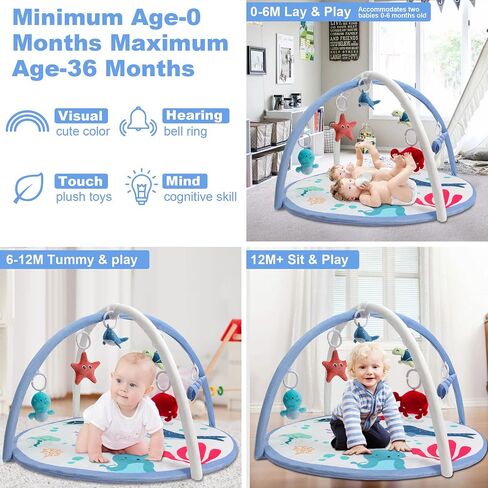 Baby Play Gym Mat, Tummy Time Activity Mat with 5 Detachable Toys and Pillow for Newborn Stage-Based Sensory and Motor Skill Development, Infant Play Mat for Babies to Toddlers in Saudi Arabia