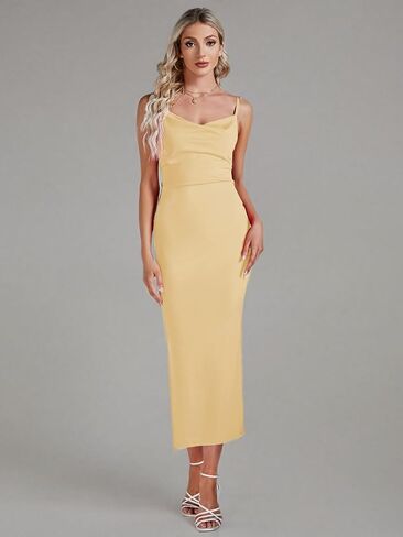 Umenlele Women's Sexy Cowl Neck Side Split Hem Ribbed Sleeveless Bodycon Party Midi Dress in Kuwait