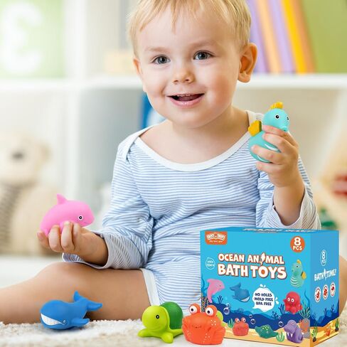 LotFancy Bath Toys for Kids Ages 1-3, Mold Free Baby Bath Toys for Toddlers 2-4, 8PCS No Holes Ocean Sea Animal Bathtub Toys, Soft Bath Tub Toys in Kuwait