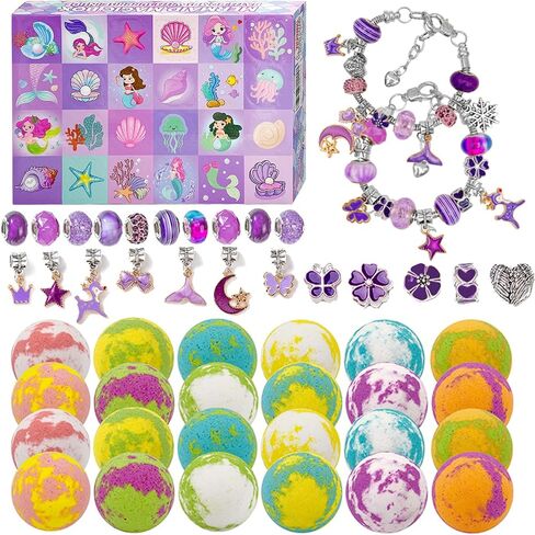 24 Piece Mermaid Bath Bombs for Kids, Advent Calendar 2024 Kids Bath Bombs, Christmas Bath Bombswith Mermaid Themed Jewelrys Inside, Christmas Gifts for Kids in Kuwait
