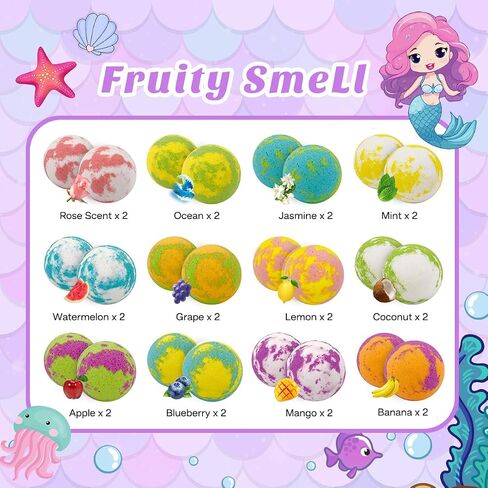24 Piece Mermaid Bath Bombs for Kids, Advent Calendar 2024 Kids Bath Bombs, Christmas Bath Bombswith Mermaid Themed Jewelrys Inside, Christmas Gifts for Kids in Kuwait