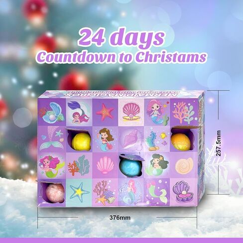24 Piece Mermaid Bath Bombs for Kids, Advent Calendar 2024 Kids Bath Bombs, Christmas Bath Bombswith Mermaid Themed Jewelrys Inside, Christmas Gifts for Kids in Kuwait
