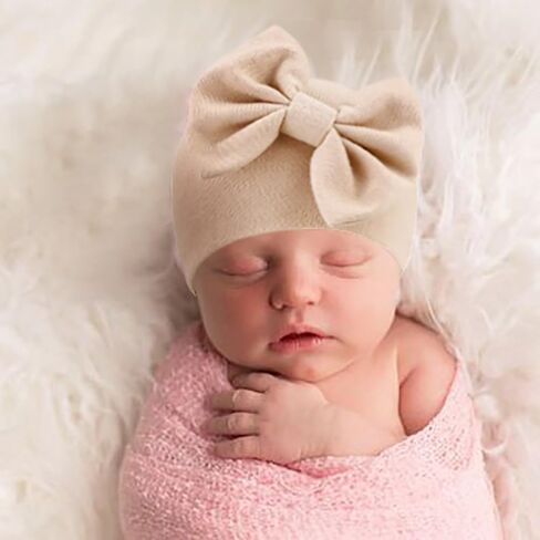 DRESHOW BQUBO Newborn Baby Hats Hospital Hat Baby Cotton Beanie Infant Bow Hats for 0-6/6-24 Months in Kuwait
