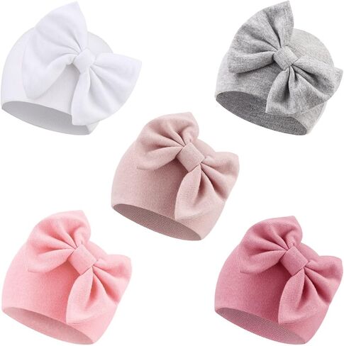 DRESHOW BQUBO Newborn Baby Hats Hospital Hat Baby Cotton Beanie Infant Bow Hats for 0-6/6-24 Months in Kuwait
