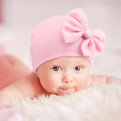 DRESHOW BQUBO Newborn Baby Hats Hospital Hat Baby Cotton Beanie Infant Bow Hats for 0-6/6-24 Months in Kuwait