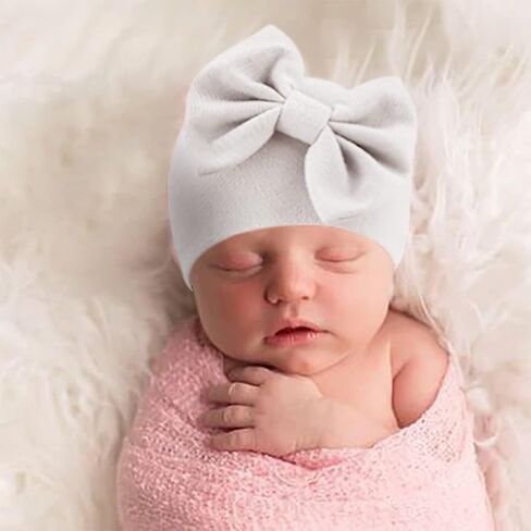 DRESHOW BQUBO Newborn Baby Hats Hospital Hat Baby Cotton Beanie Infant Bow Hats for 0-6/6-24 Months in Kuwait