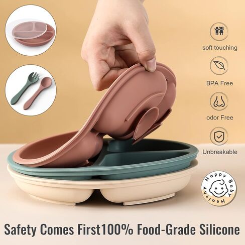 مجموعة من 3 أطباق شفط من VITEVER مع أغطية وأواني للأطفال الرضع والصغار، 100% سيليكون صالح للطعام، تصميم مقسم، آمن للاستخدام في الميكروويف وغسالة الأطباق in Kuwait