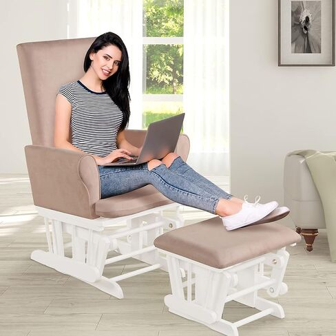 Costzon Glider and Ottoman Set, Wood Baby Rocker Nursery Furniture for Napping Reading Nursing, Cleanable Upholstered Comfort Rocking Nursery Chair with Detachable Cushion (Pink) in Saudi Arabia