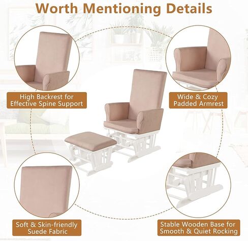Costzon Glider and Ottoman Set, Wood Baby Rocker Nursery Furniture for Napping Reading Nursing, Cleanable Upholstered Comfort Rocking Nursery Chair with Detachable Cushion (Pink) in Saudi Arabia