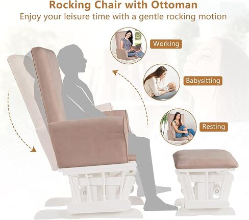 Costzon Glider and Ottoman Set, Wood Baby Rocker Nursery Furniture for Napping Reading Nursing, Cleanable Upholstered Comfort Rocking Nursery Chair with Detachable Cushion (Pink) in Saudi Arabia