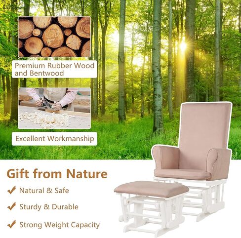Costzon Glider and Ottoman Set, Wood Baby Rocker Nursery Furniture for Napping Reading Nursing, Cleanable Upholstered Comfort Rocking Nursery Chair with Detachable Cushion (Pink) in Saudi Arabia