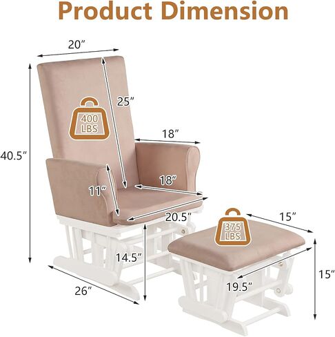 Costzon Glider and Ottoman Set, Wood Baby Rocker Nursery Furniture for Napping Reading Nursing, Cleanable Upholstered Comfort Rocking Nursery Chair with Detachable Cushion (Pink) in Saudi Arabia