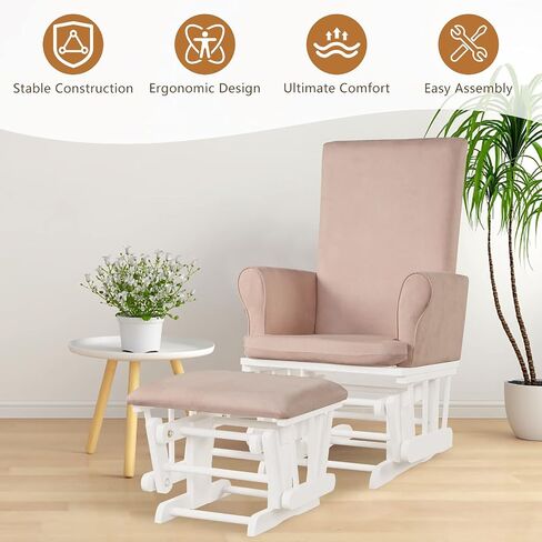 Costzon Glider and Ottoman Set, Wood Baby Rocker Nursery Furniture for Napping Reading Nursing, Cleanable Upholstered Comfort Rocking Nursery Chair with Detachable Cushion (Pink) in Saudi Arabia