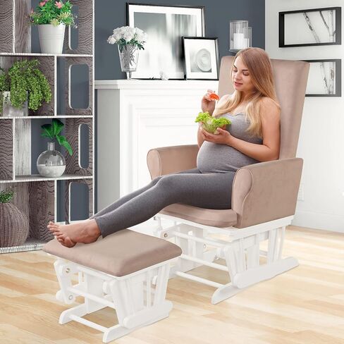 Costzon Glider and Ottoman Set, Wood Baby Rocker Nursery Furniture for Napping Reading Nursing, Cleanable Upholstered Comfort Rocking Nursery Chair with Detachable Cushion (Pink) in Saudi Arabia