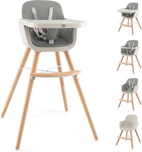 BABY JOY Convertible Baby High Chair, 3 in 1 Wooden Highchair/Booster/Chair with Removable Tray, Adjustable Legs, 5-Point Harness, PU Cushion and Footrest for Baby, Infants, Toddlers (Beige) in Saudi Arabia
