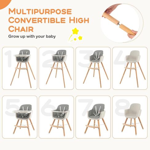 BABY JOY Convertible Baby High Chair, 3 in 1 Wooden Highchair/Booster/Chair with Removable Tray, Adjustable Legs, 5-Point Harness, PU Cushion and Footrest for Baby, Infants, Toddlers (Beige) in Saudi Arabia