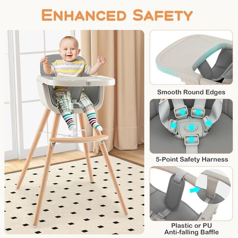BABY JOY Convertible Baby High Chair, 3 in 1 Wooden Highchair/Booster/Chair with Removable Tray, Adjustable Legs, 5-Point Harness, PU Cushion and Footrest for Baby, Infants, Toddlers (Beige) in Saudi Arabia