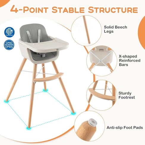 BABY JOY Convertible Baby High Chair, 3 in 1 Wooden Highchair/Booster/Chair with Removable Tray, Adjustable Legs, 5-Point Harness, PU Cushion and Footrest for Baby, Infants, Toddlers (Beige) in Saudi Arabia