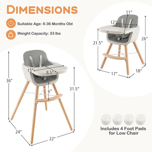 BABY JOY Convertible Baby High Chair, 3 in 1 Wooden Highchair/Booster/Chair with Removable Tray, Adjustable Legs, 5-Point Harness, PU Cushion and Footrest for Baby, Infants, Toddlers (Beige) in Saudi Arabia