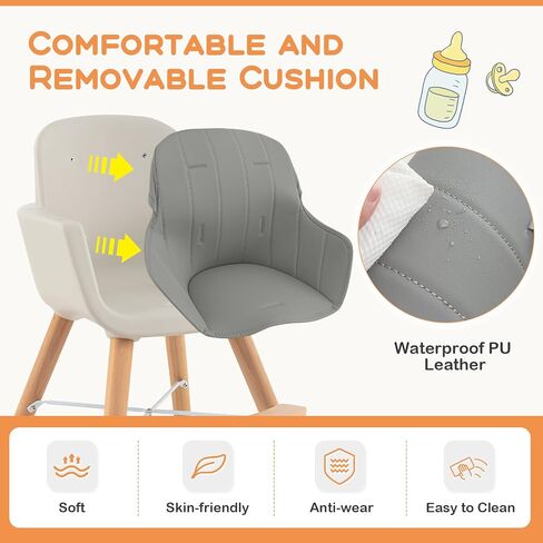 BABY JOY Convertible Baby High Chair, 3 in 1 Wooden Highchair/Booster/Chair with Removable Tray, Adjustable Legs, 5-Point Harness, PU Cushion and Footrest for Baby, Infants, Toddlers (Beige) in Saudi Arabia
