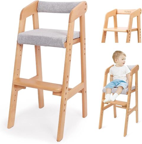 Wooden High Chair for Toddlers, Adjustable Dining Feeding Chair with Removable Cushion for Child, High Chair Grows with Your Kid with Steps for Kids Dining, Studying, Step Tool(Nut-Brown) in Saudi Arabia