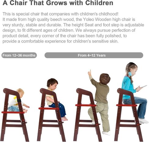 Wooden High Chair for Toddlers, Adjustable Dining Feeding Chair with Removable Cushion for Child, High Chair Grows with Your Kid with Steps for Kids Dining, Studying, Step Tool(Nut-Brown) in Saudi Arabia