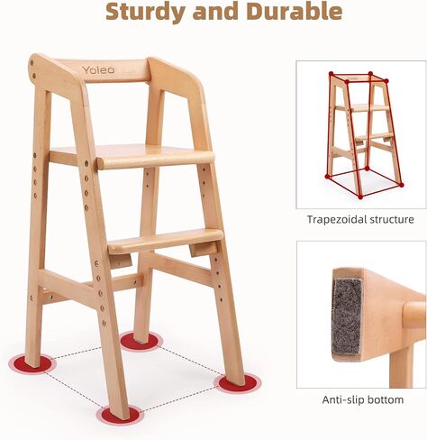 Wooden High Chair for Toddlers, Adjustable Dining Feeding Chair with Removable Cushion for Child, High Chair Grows with Your Kid with Steps for Kids Dining, Studying, Step Tool(Nut-Brown) in Saudi Arabia