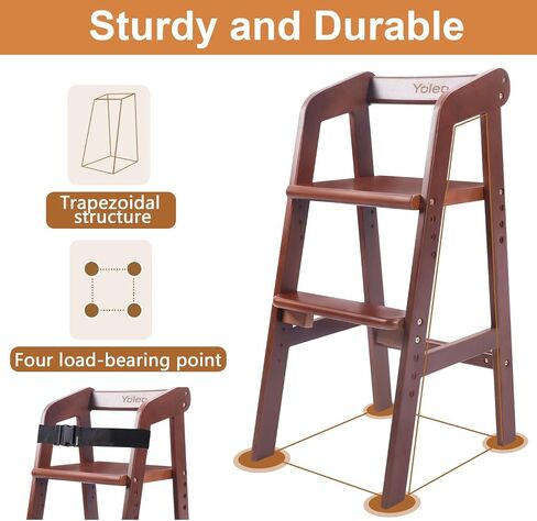 Wooden High Chair for Toddlers, Adjustable Dining Feeding Chair with Removable Cushion for Child, High Chair Grows with Your Kid with Steps for Kids Dining, Studying, Step Tool(Nut-Brown) in Saudi Arabia