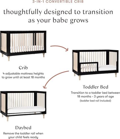 سرير بيبيليتو لولي القابل للتحويل 3 في 1 مع طقم تحويل سرير الأطفال الصغار باللون الطبيعي المغسول، ومعتمد من Greenguard Gold in Kuwait