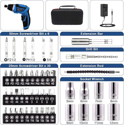 Cordless Screwdriver, 8V Max 10Nm Electric Power Screwdriver with 47 Accessories, 6+1 Torque, Pivoting Handle, 2000mah Rechargeable Screw Gun & Bit Set with LED Light, Flexible Shaft in Kuwait