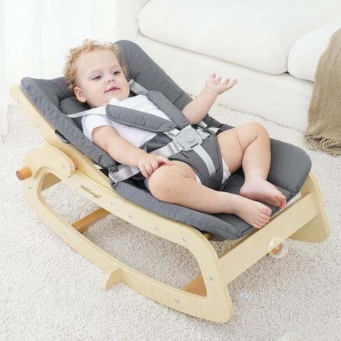 3-in-1 Baby Bouncer,Adjustable Wooden Rocker Chair,Baby Lounger,Recliner with Removable Cushion,Seat Belt and Booster for Infants to Toddler,Grey (Beige) in Saudi Arabia