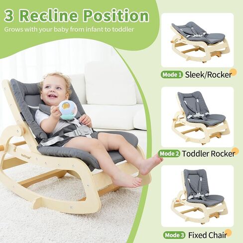 3-in-1 Baby Bouncer,Adjustable Wooden Rocker Chair,Baby Lounger,Recliner with Removable Cushion,Seat Belt and Booster for Infants to Toddler,Grey (Beige) in Saudi Arabia