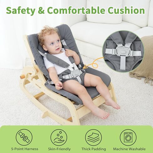 3-in-1 Baby Bouncer,Adjustable Wooden Rocker Chair,Baby Lounger,Recliner with Removable Cushion,Seat Belt and Booster for Infants to Toddler,Grey (Beige) in Saudi Arabia