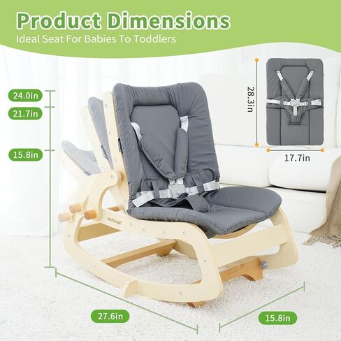 3-in-1 Baby Bouncer,Adjustable Wooden Rocker Chair,Baby Lounger,Recliner with Removable Cushion,Seat Belt and Booster for Infants to Toddler,Grey (Beige) in Saudi Arabia