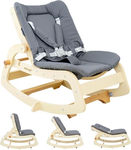 3-in-1 Baby Bouncer,Adjustable Wooden Rocker Chair,Baby Lounger,Recliner with Removable Cushion,Seat Belt and Booster for Infants to Toddler,Grey (Beige) in Saudi Arabia