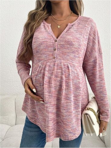 MakeMeChic قمصان الحمل النسائية متماسكة مضلعة زر طويل الأكمام كشكش بلوزات الحمل in Saudi Arabia