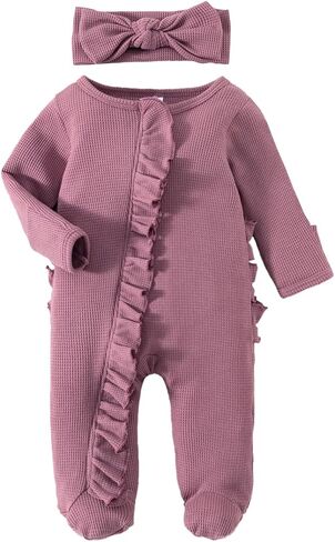 Ayalinggo Newborn Baby Romper Infant Girl One-piece Outfit Waffle Ruffle Zip Footie Spring Summer Clothes With Bow Headband in Saudi Arabia