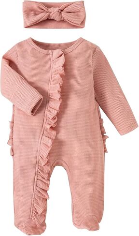 Ayalinggo Newborn Baby Romper Infant Girl One-piece Outfit Waffle Ruffle Zip Footie Spring Summer Clothes With Bow Headband in Saudi Arabia
