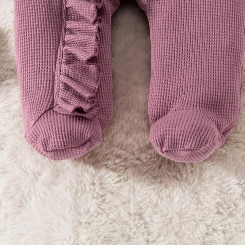 Ayalinggo Newborn Baby Romper Infant Girl One-piece Outfit Waffle Ruffle Zip Footie Spring Summer Clothes With Bow Headband in Saudi Arabia